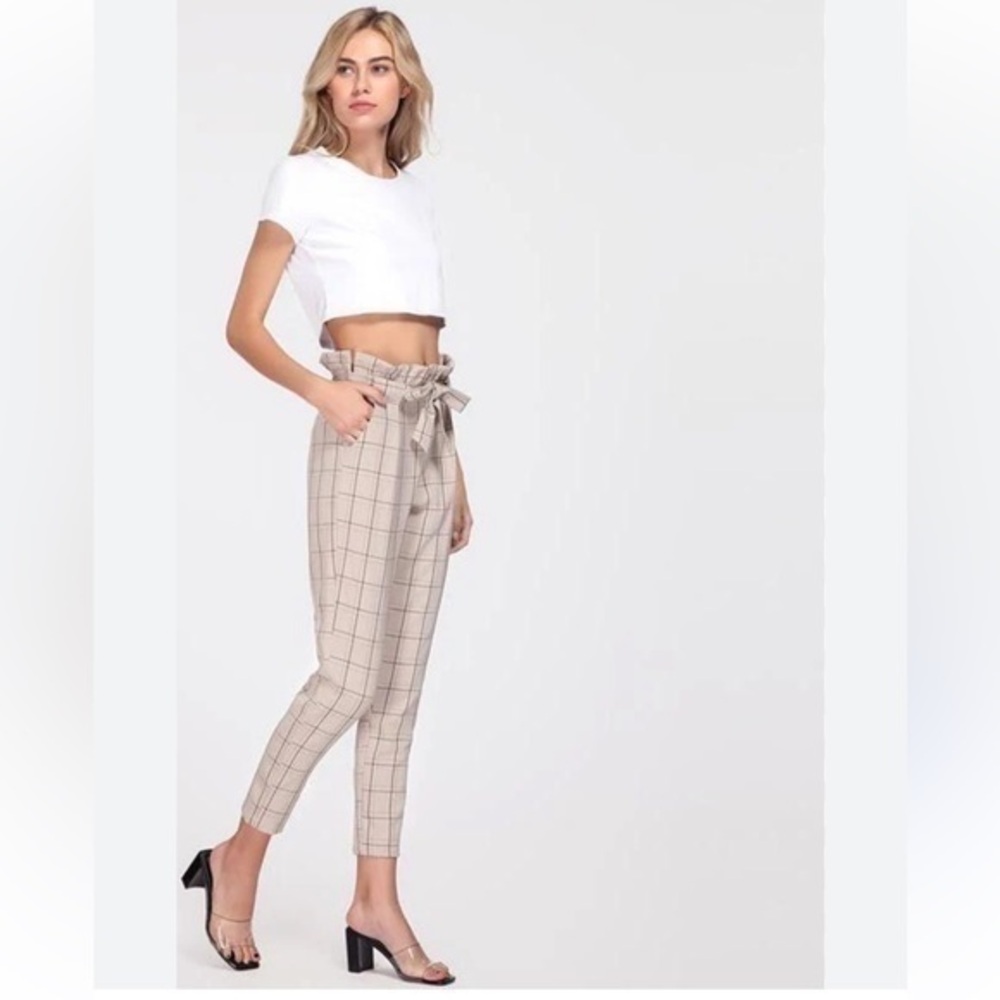 Belted frill high waist plaid pants